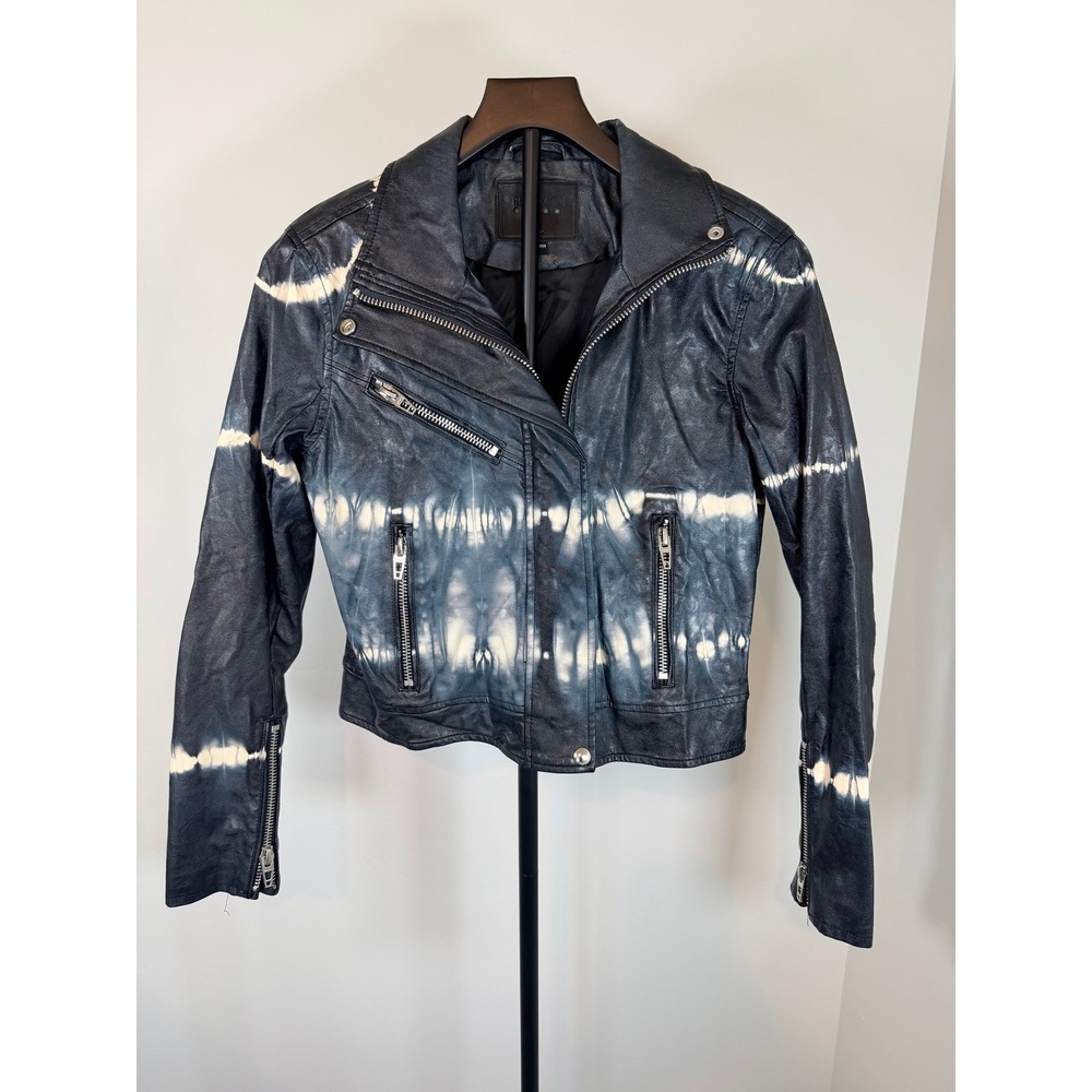 BlankNYC Tie Dye Vegan Leather Moto Jacket Blue White Small 46PY5272
